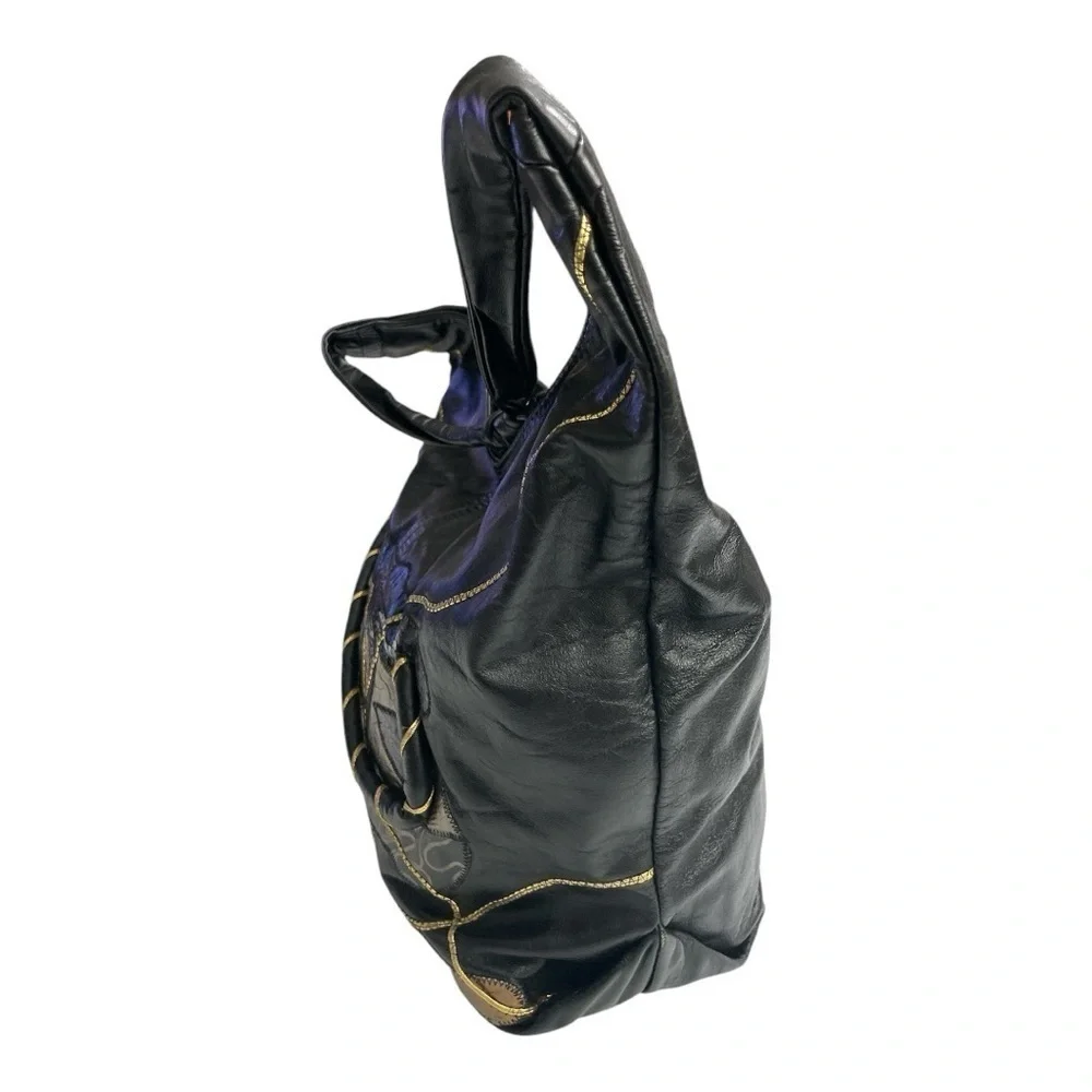 VTG Black Genuine Leather Patchwork Hobo Bag Boho Slouchy Shoulder Purse